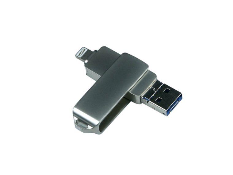 USB 3.0/micro USB/Lightning- флешка на 64 Гб с поворотным механизмом